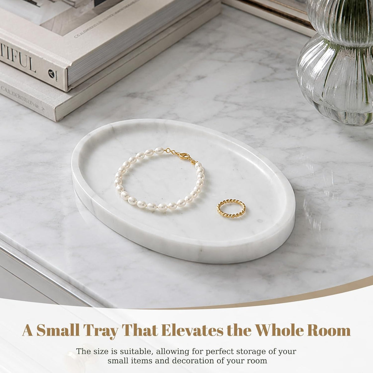 Koville Carrara Marble Tray, Oval Vanity Decorative Marble Tray for Home, Countertop Organizer, Catchall Tray for Perfume, Candles, Jewelry