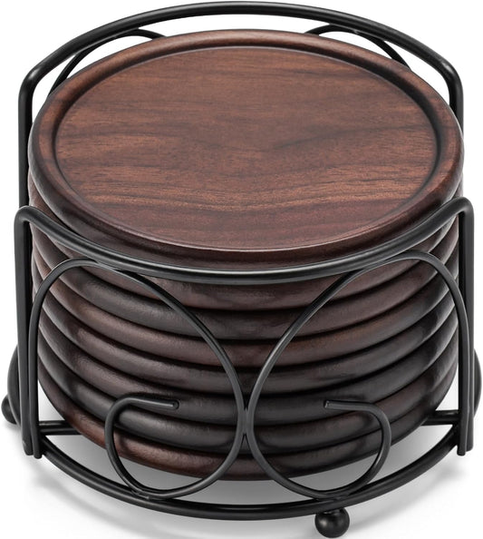 Wood Coasters Set of 8 with Metal Holder, 100% Wooden Coasters for Drinks