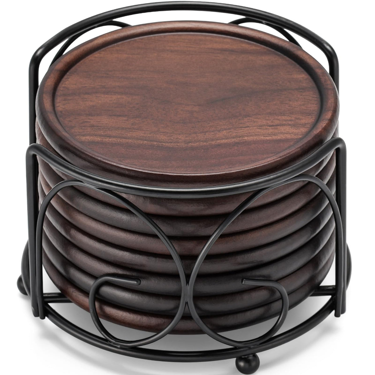 Wood Coasters Set of 8 with Metal Holder, 100% Wooden Coasters for Drinks