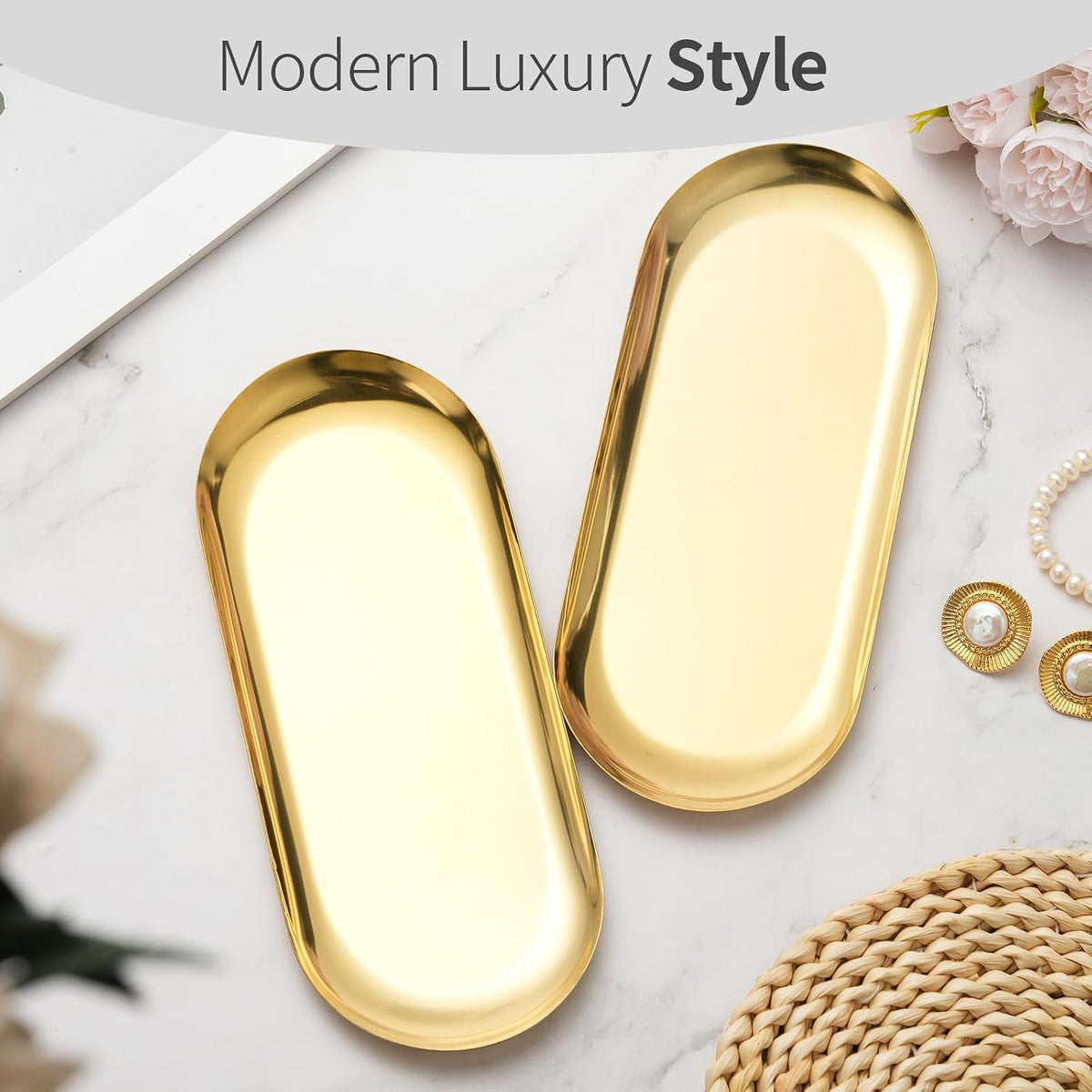 3 Pack Gold Trays for Decor, Stainless Steel Decorative Tray, Gold