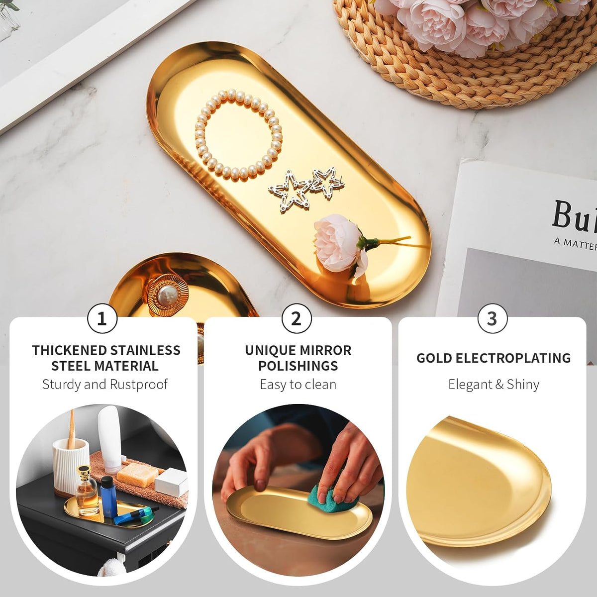 3 Pack Gold Trays for Decor, Stainless Steel Decorative Tray, Gold