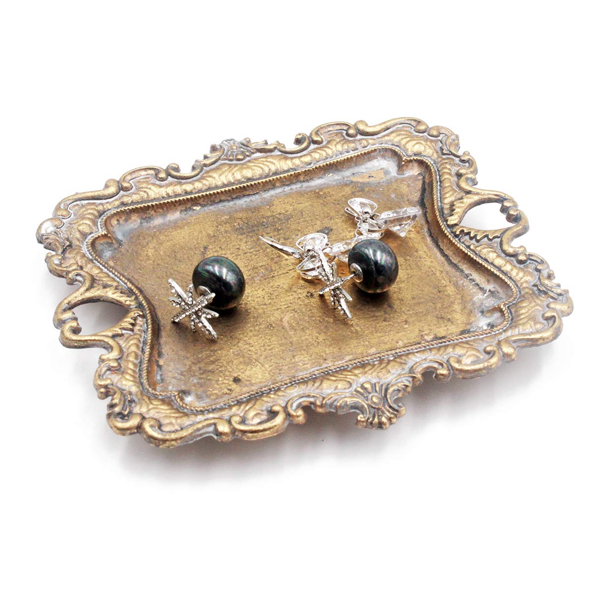 Funly mee Small Antique Trinket Dish Vintage Gold Metal Jewelry Tray, Ring Holder-5.3 x 3.5 x 1.2 inches