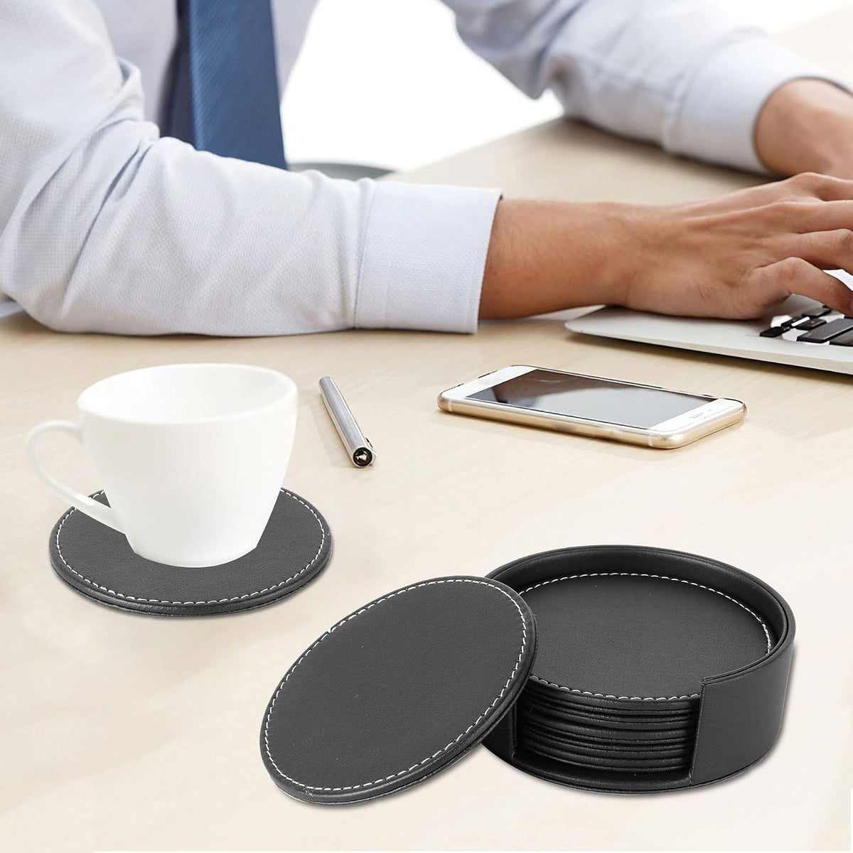 Set of 6 Round Leather Bar Coasters for Drinks with Holder (Black)