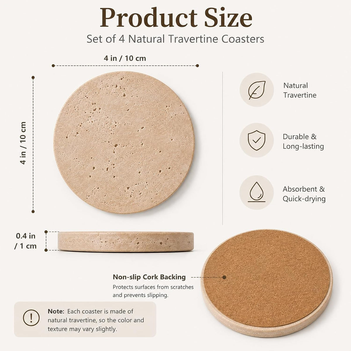 4" Natural Travertine Stone Coasters Set of 4,Round Stone Cup Coasters