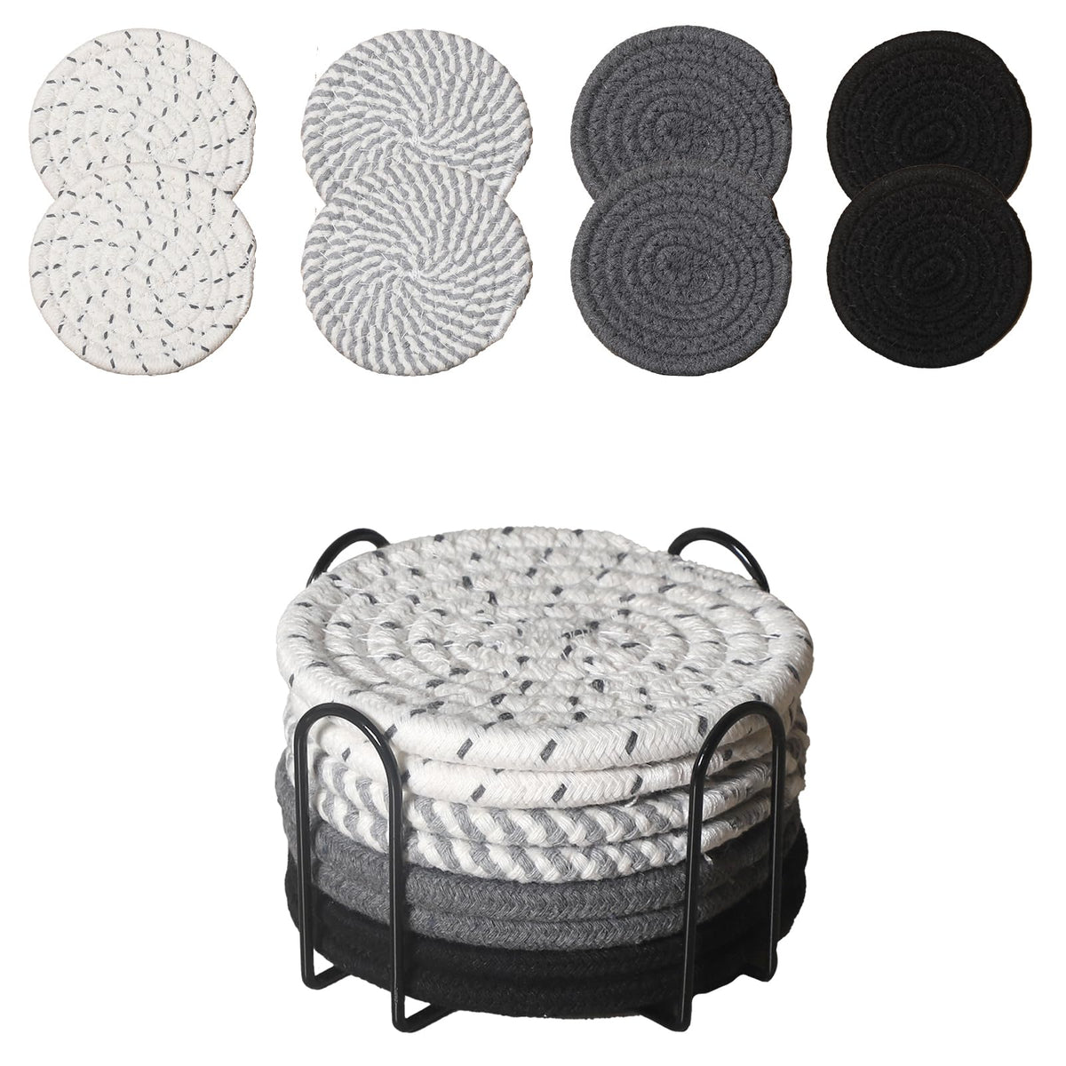 Drink Coasters Set of 8 with Holder, Cotton Woven