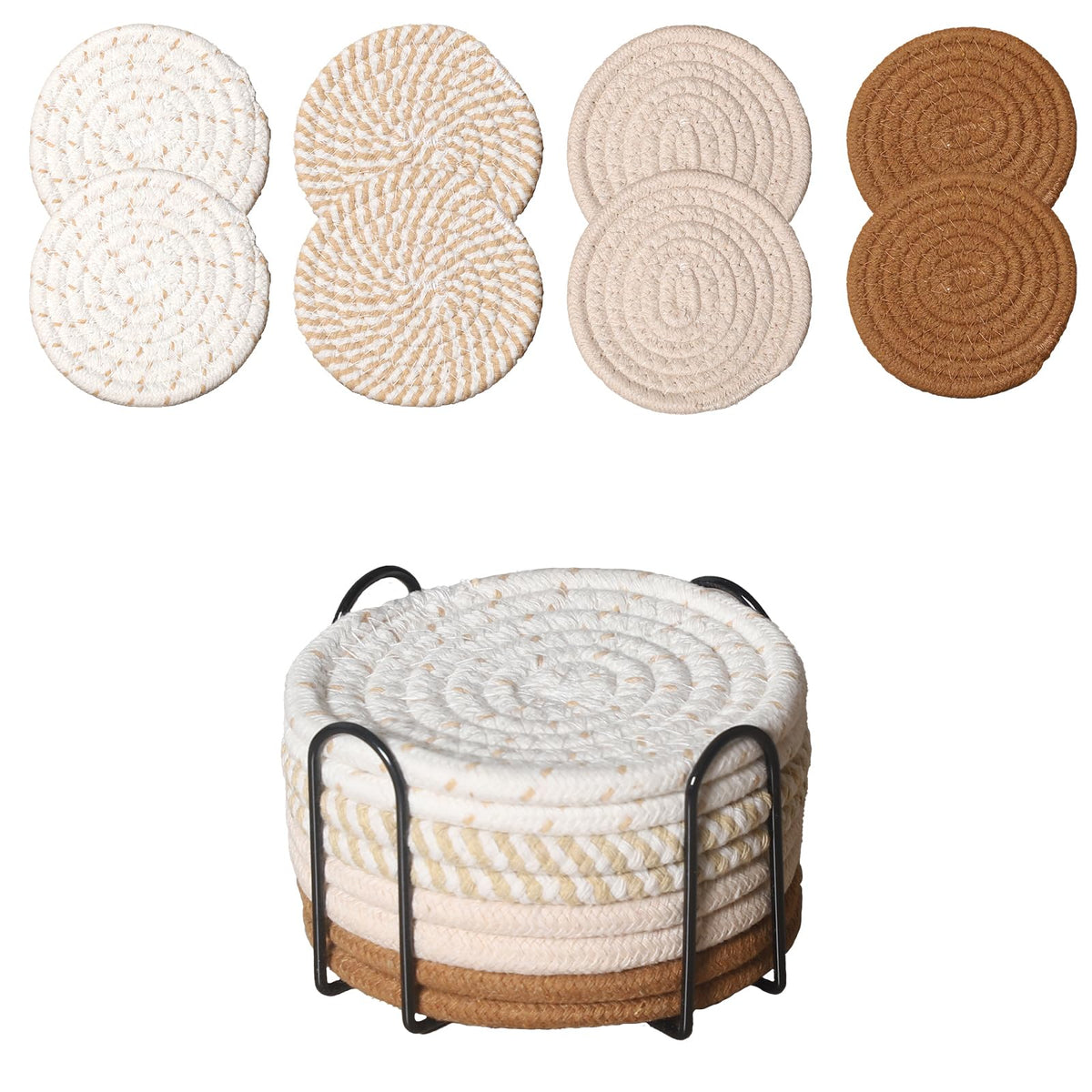 Drink Coasters Set of 8 with Holder, Cotton Woven