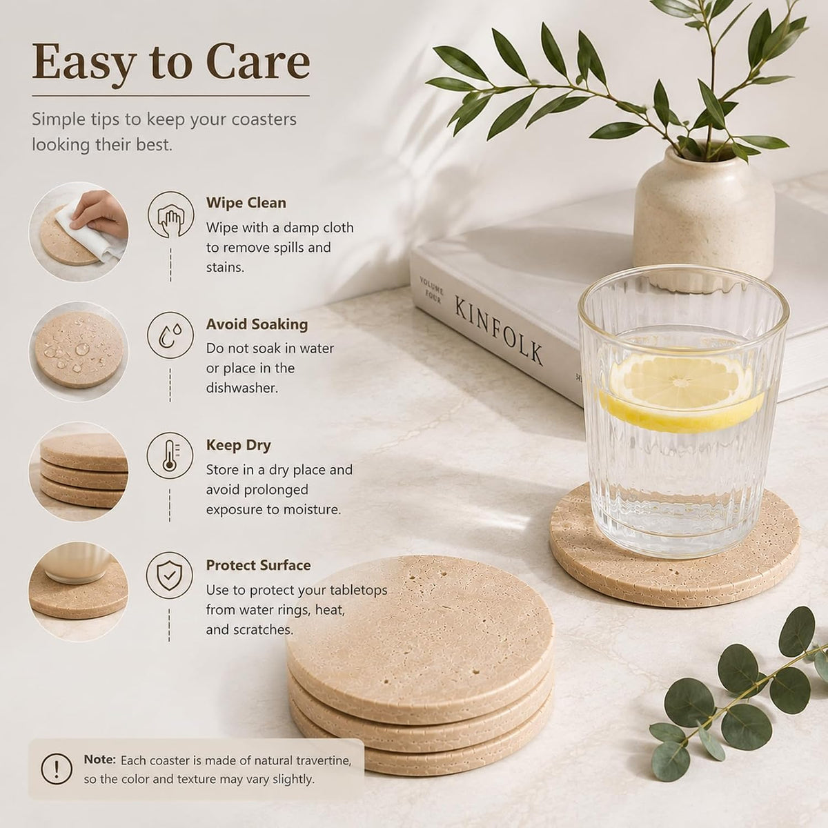 4" Natural Travertine Stone Coasters Set of 4,Round Stone Cup Coasters
