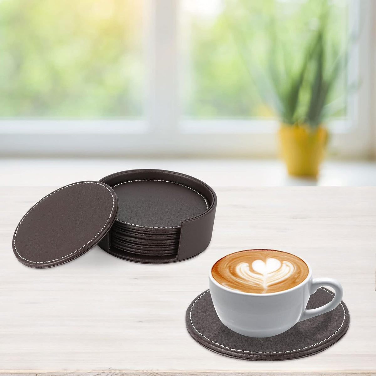 Set of 6 Round Leather Coasters for Drinks with Holder, 4" (Brown)