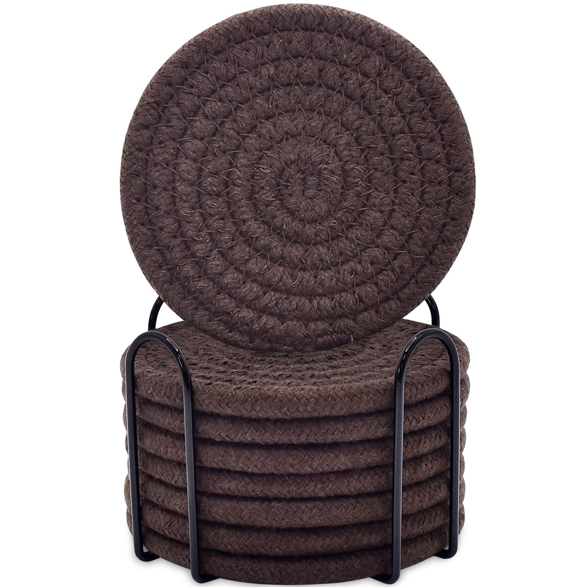 ABenkle 8 Pcs Drink Coasters with Holder, Cotton Woven Absorbent Coasters for Drinks, Minimalist Home Decor Coaster Set for Wooden Tabletop Protection Table, 4.3 inches Mixed Brown