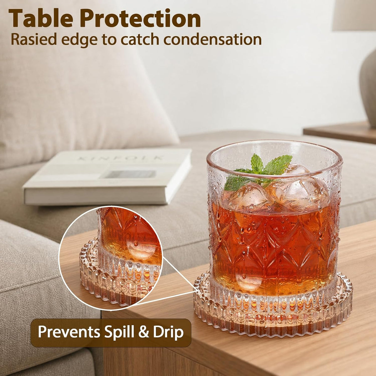 Modern Clear Coasters Set of 2- Glass Cup Coaster for Drinks, Clear Amber