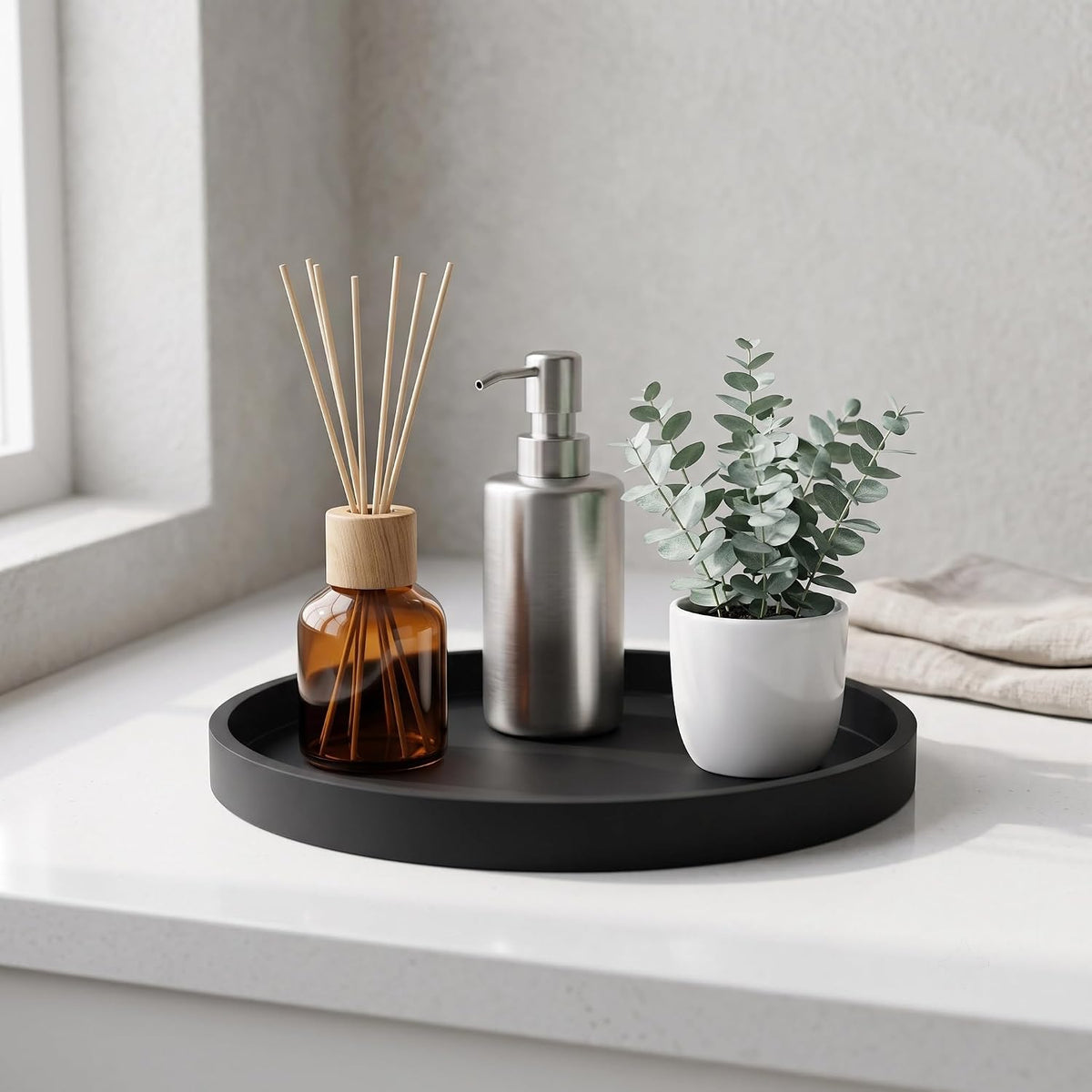 Silicone Bathroom Tray, Round Vanity Tray, 9" Black