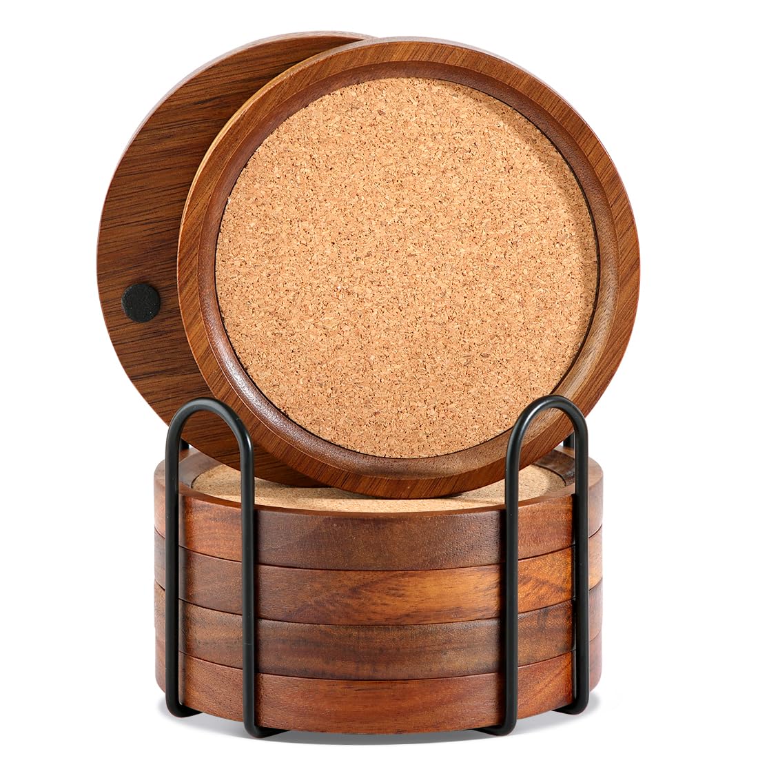 WLWNWFT Wood Cork Coasters for Drinks Absorbent with Holder, WLWNWFT Acacia Wood Coaster Sets Rustic Farmhouse for Coffee Table Dining Table Wooden Table Coasters for Desk, Set of 6 4.33in