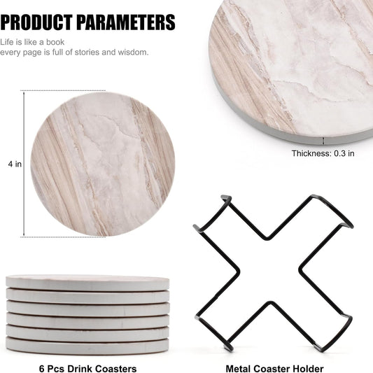 6Pcs Absorbent Coasters Set with Holder,Ceramic Drink Coaster,4 in（A6）