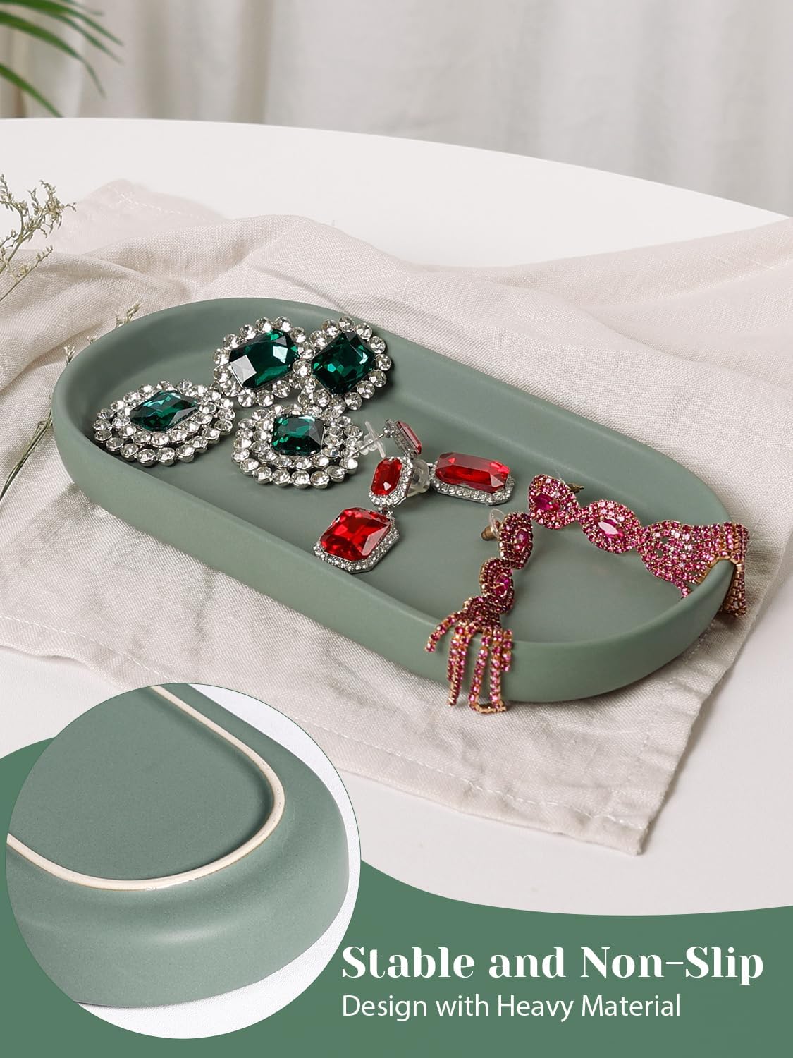 INGOFIN 7" Ceramic Bathroom Vanity Tray- Bathroom Organizer Countertop Tray for Perfume, Jewelry, Candles, Small Kitchen Counter Soap Tray, Decorative for Bathroom Vanity, Toilet Tank, Green