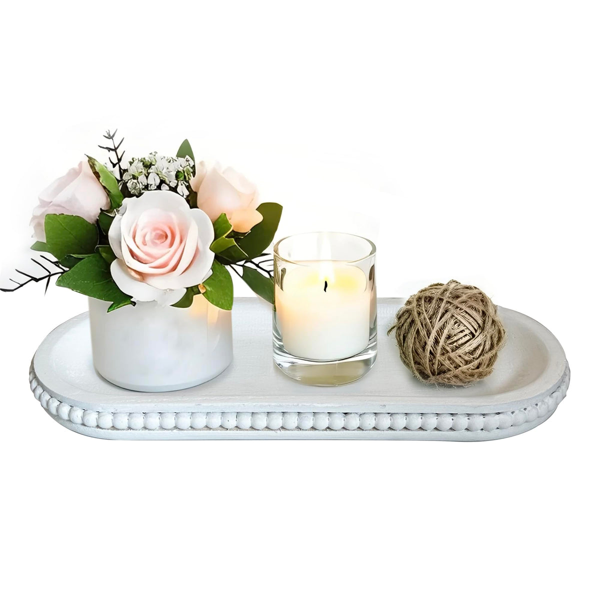 dwellington Wooden Farmhouse Decorative Tray, 11.8in Rustic Beaded Tray for Living Room Decor, Kitchen Table Décor, Oval Coffee Table Serving Tray (Natural)