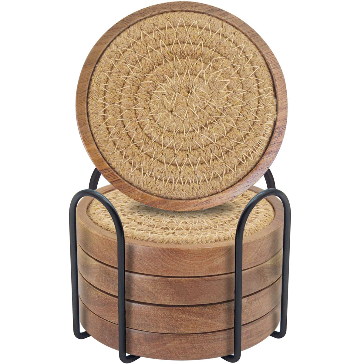 Wood Coasters for Drinks, Eykao Absorbent Coaster Sets of 5, Woven Drink Coasters for Coffee Table, Housewarming Gift for Farmhouse Home Decor,4 inches