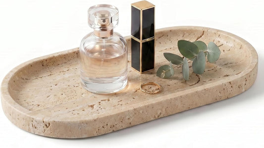YKAJO Yellow Travertine Oval Marble Tray, 9.8x4.7 Vanity Perfume Organizer