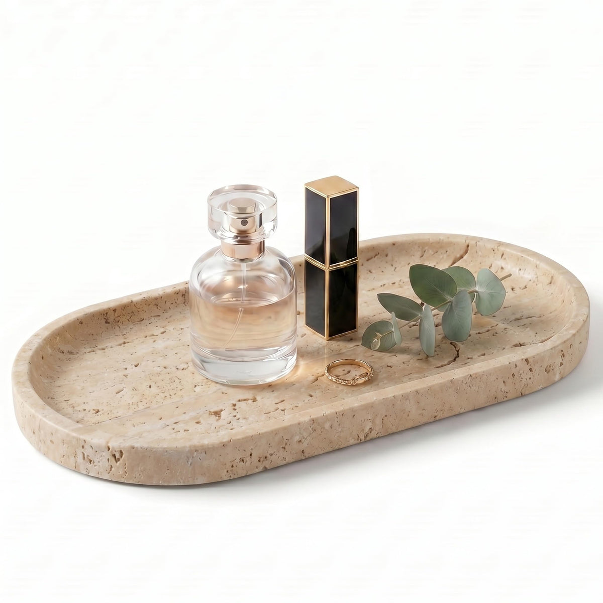 YKAJO Yellow Travertine Oval Marble Tray, 9.8x4.7 Vanity Perfume Organizer