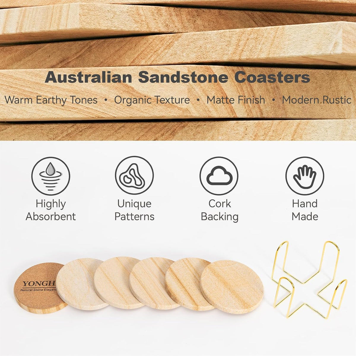 Absorbent Sandstone Drink Coasters Set of 6 with Holder, 4" Round