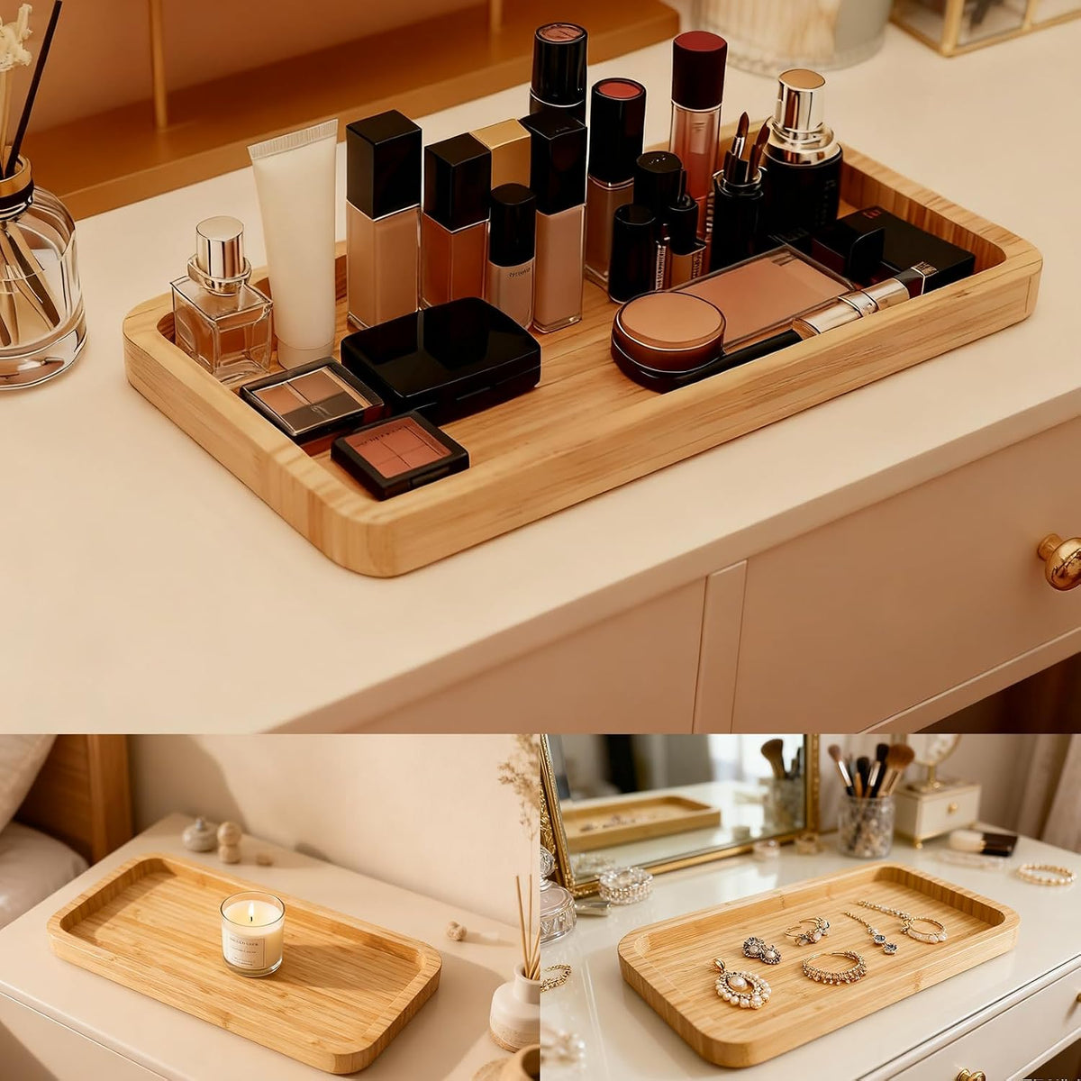Bamboo Vanity Bathroom Tray for Counter, Bamboo Tray for Bathroom, Toilet Tank, Perfume 11.8L x 5.9W x 0.8H inch (Bamboo)