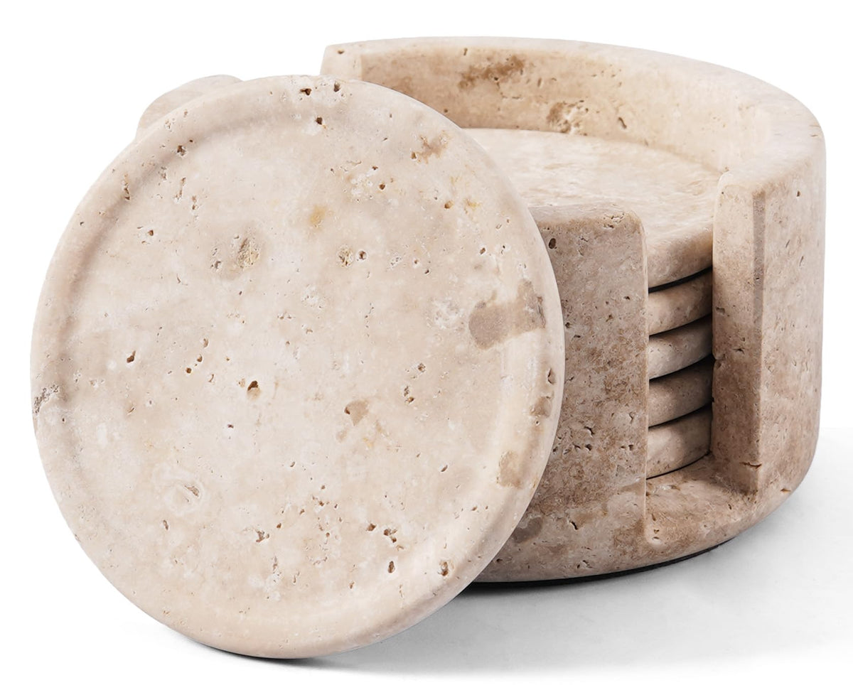 Travertine Coasters Set of 4 with Holder, Stone Drink Coaster