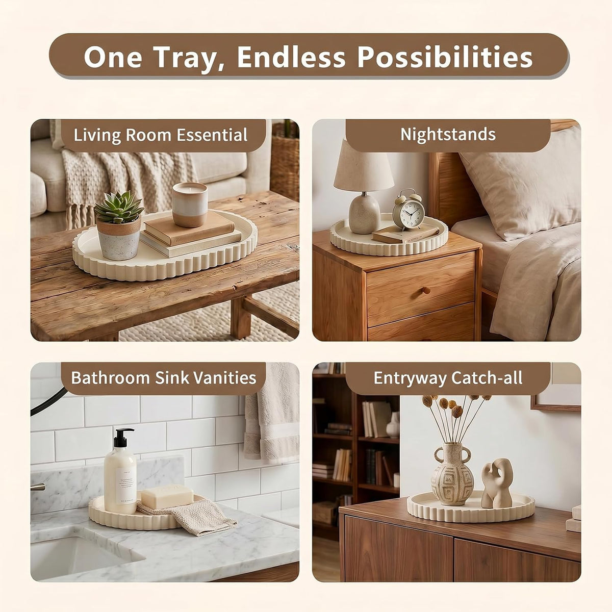 Silicone Bathroom Vanity Trays for Counter - 9.1 Inch Round Small Bathroom Tray with Scalloped Edge Vanity Organizer, Coffee Table Decor, Decorative Tray for Candle Key Skincare Perfume Storage, Beige