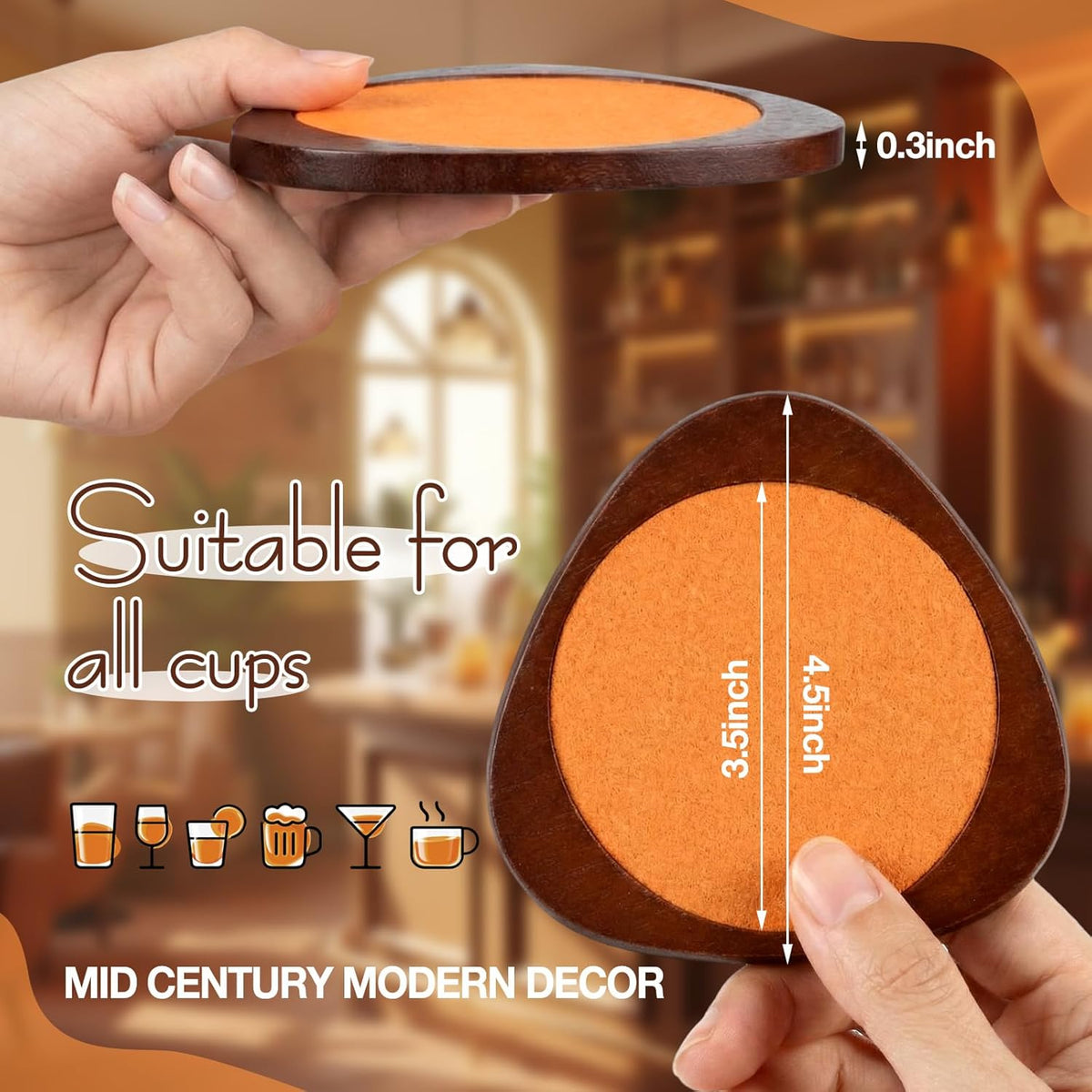 Newtay 6 Pcs Mid Century Modern Coasters Wood Absorbent Coaster, Colorful