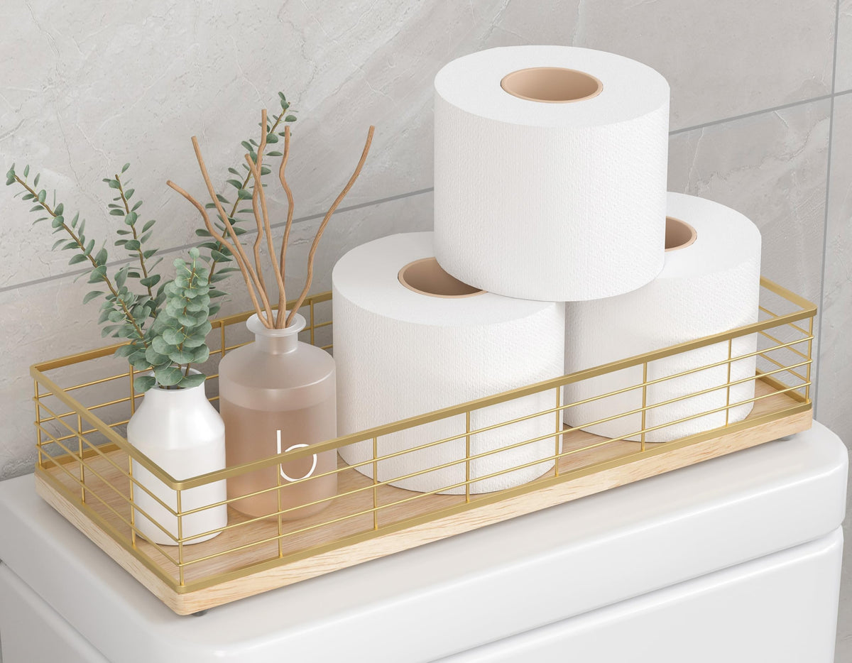 Bathroom Tray for Counter Top Organizer, Oak Wood Vanity Tray