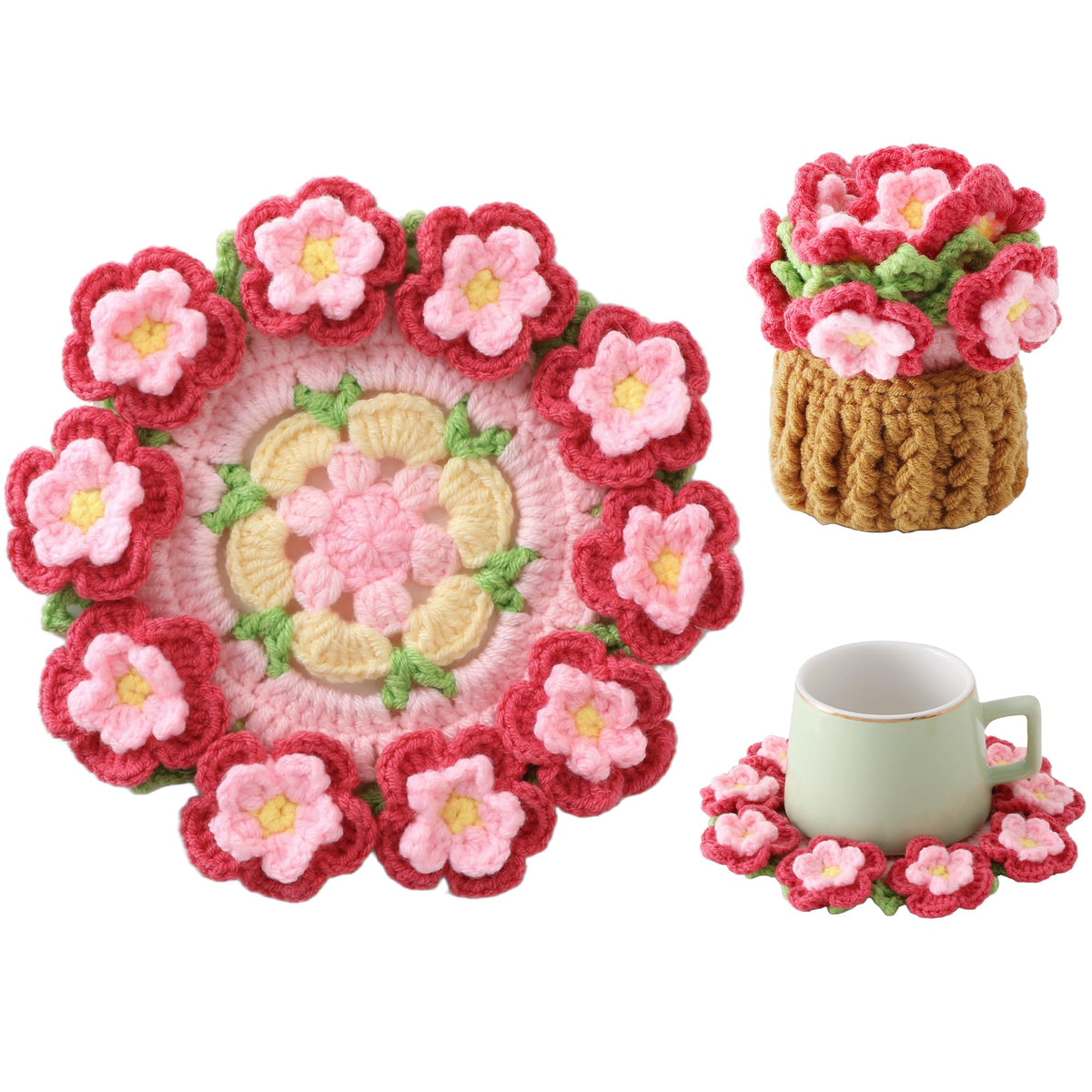 Crochet Flower Coasters, Handmade Bouquet Coasters with Crochet Plant Pot (Pink, 1Pc)