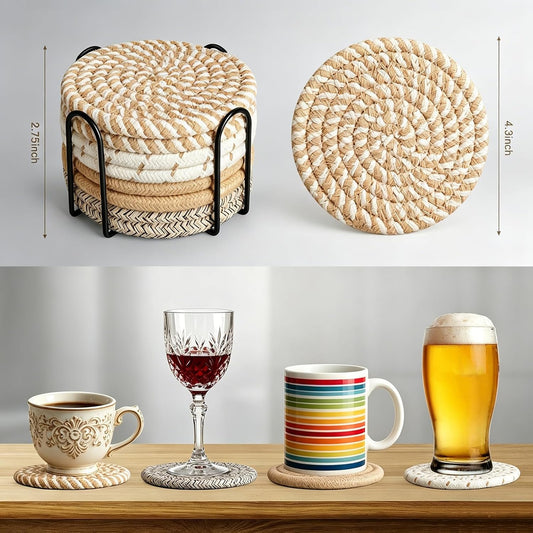 Coasters Set of 8 for Drinks with Holder,4 Colors Absorbent Coasters,Boho Cotton Woven Coaster Set for Living Room Decor,Tabletop Protection Suitable for Drinks,Beer, Coffee