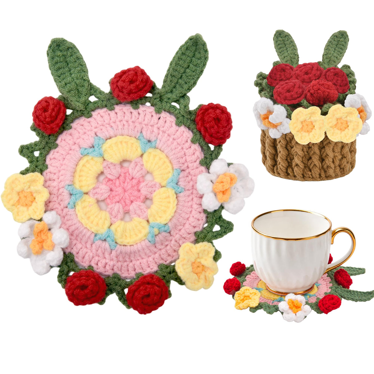 Crochet Flower Coasters, Handmade Bouquet Coasters with Crochet Plant Pot (Pink, 1Pc)
