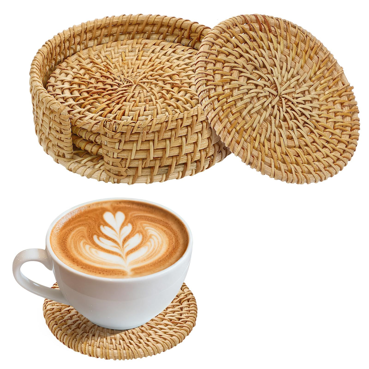 Handmade Rattan Coasters Set of 6 with Holder, Farmhouse Home Decor
