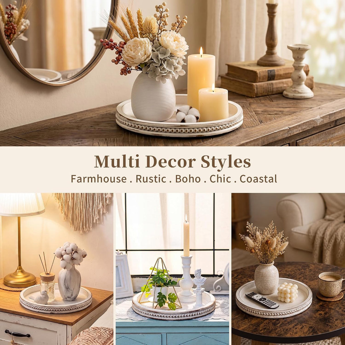 Hanobe Decorative Tray for Coffee Table: 11.8" Round Whitewashed Wood Tray for Rustic Farmhouse Living Room Kitchen Island Entryway Home Decor