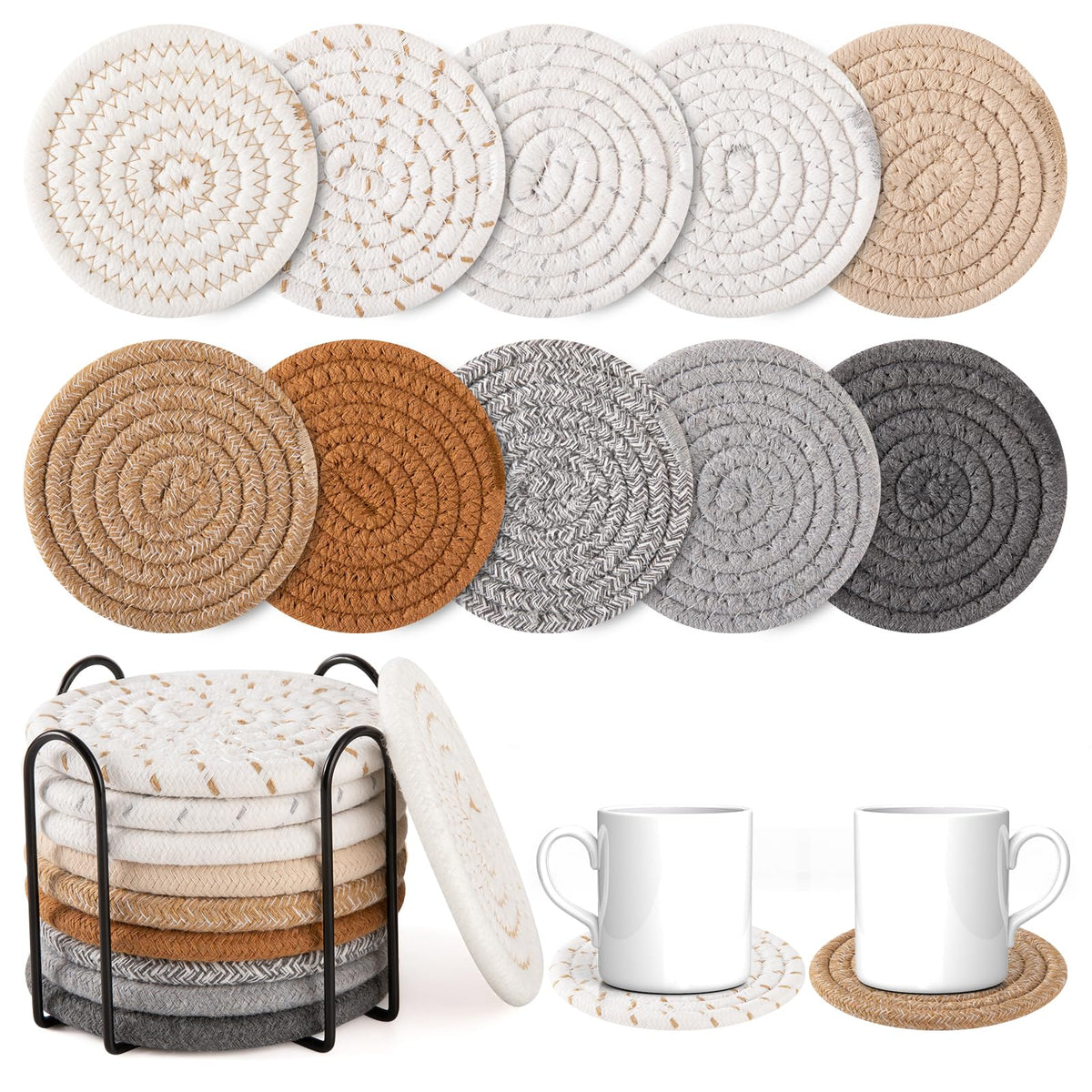 OIAHOMY 8 Pcs Coasters with Holder for Beer, Coffee, Woven Cotton Coaster Set for Table Decor for Kitchen, Bar, Dining Room, Living Room, Housewarming Gifts - Yellow