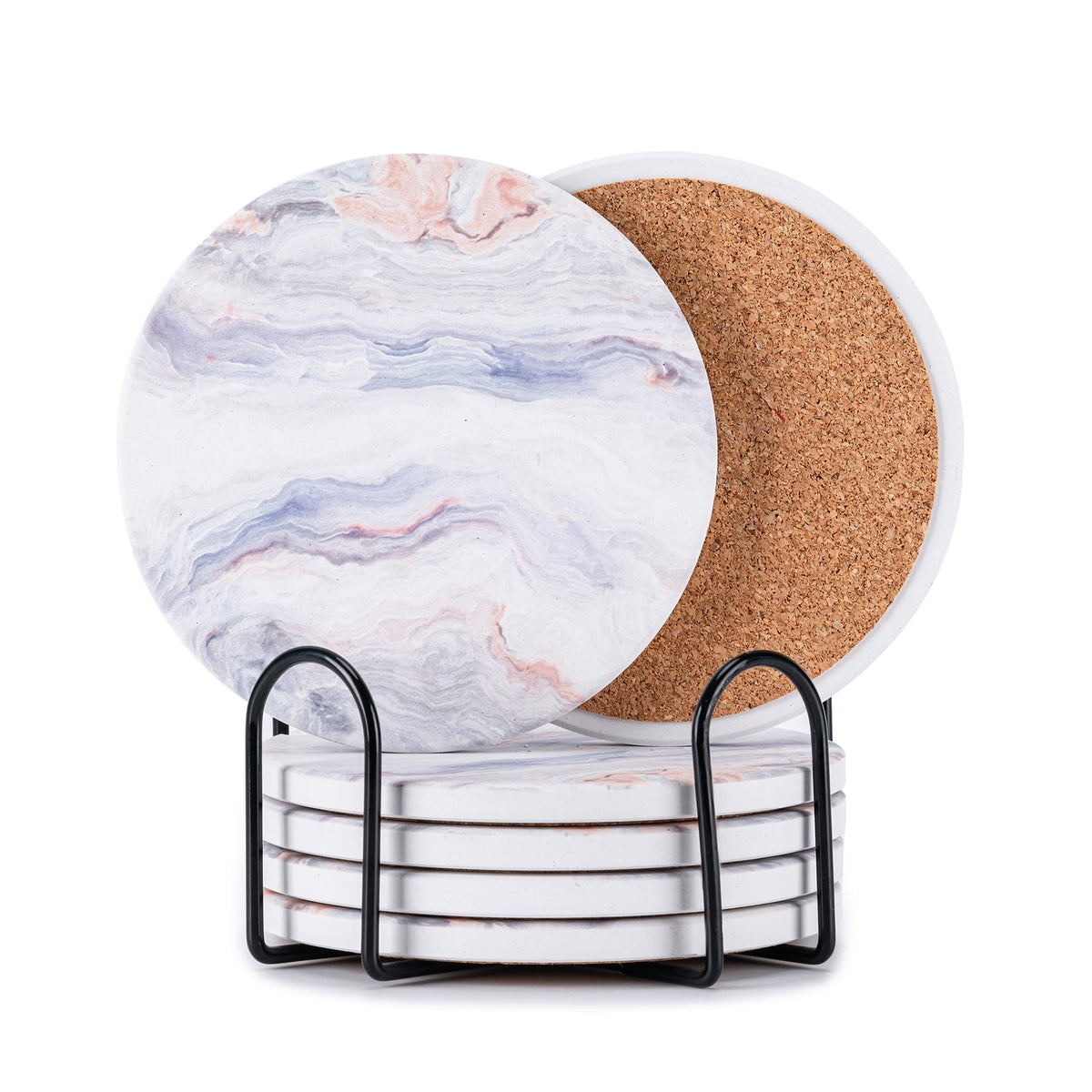 6Pcs Absorbent Coasters Set with Holder,Ceramic Drink Coaster,4 in（A6）
