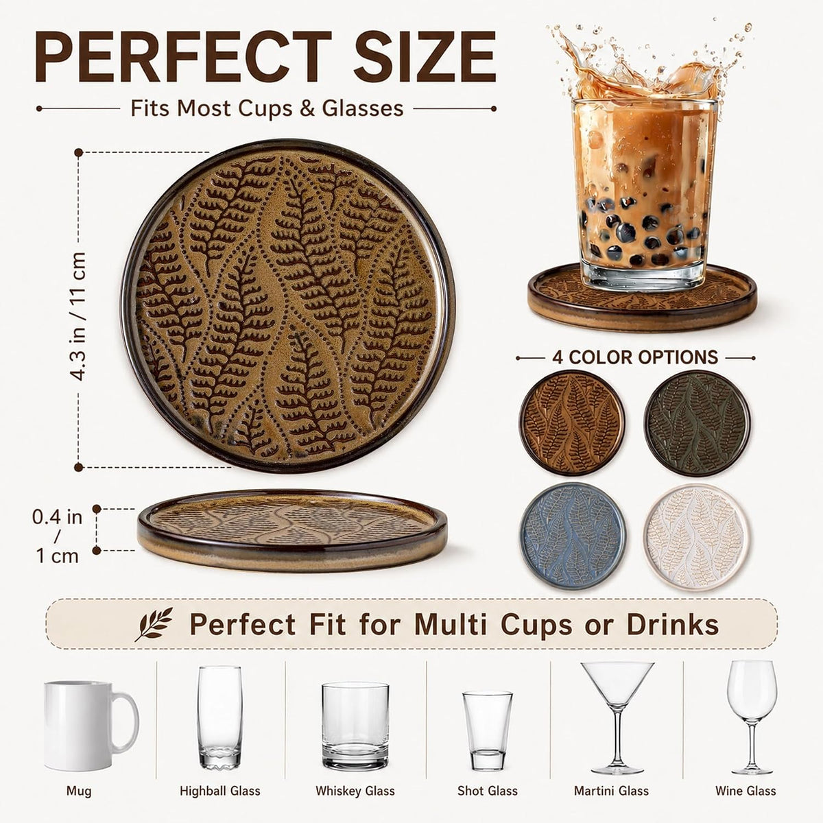 Ceramic Coasters Set of 6, Drink Coasters Coffee Table Decor, Brown