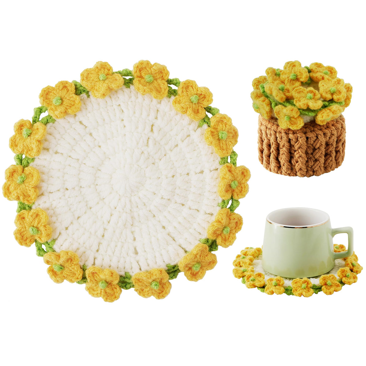Crochet Flower Coasters, Handmade Bouquet Coasters with Crochet Plant Pot (Pink, 1Pc)