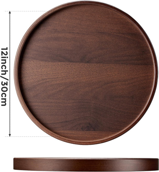 Round Bamboo Tray, 12 Inch Decorative Serving Tray with Walnut Finish Coffee Table Tray, Natural Bamboo Ottoman Tray for Vanity, Snacks, Vanity, Entryway & Home Decor