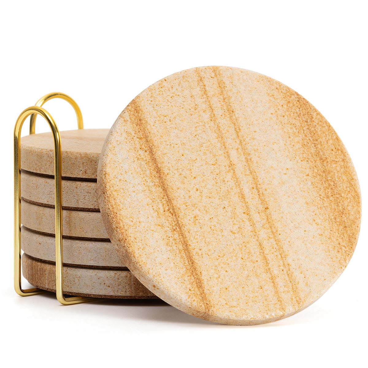 Absorbent Sandstone Drink Coasters Set of 6 with Holder, 4" Round