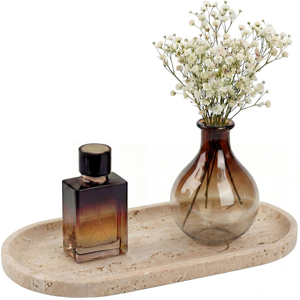 YKAJO Yellow Travertine Oval Marble Tray, 9.8x4.7 Vanity Perfume Organizer