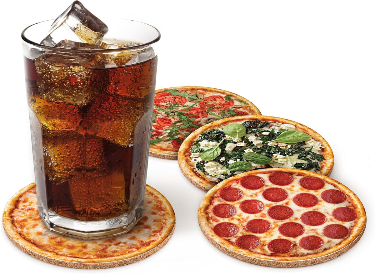 Genuine Fred HOT and Fresh Pizza Coasters, Set of 4 Realistic Pizza Style Drink Coasters, MDF and Cork, Packed in Authentic-Looking Mini Pizza Box, Fun and Functional Table Protection, Great Gift