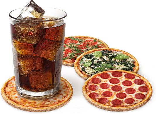 Genuine Fred HOT and Fresh Pizza Coasters, Set of 4 Realistic Pizza Style Drink Coasters, MDF and Cork, Packed in Authentic-Looking Mini Pizza Box, Fun and Functional Table Protection, Great Gift