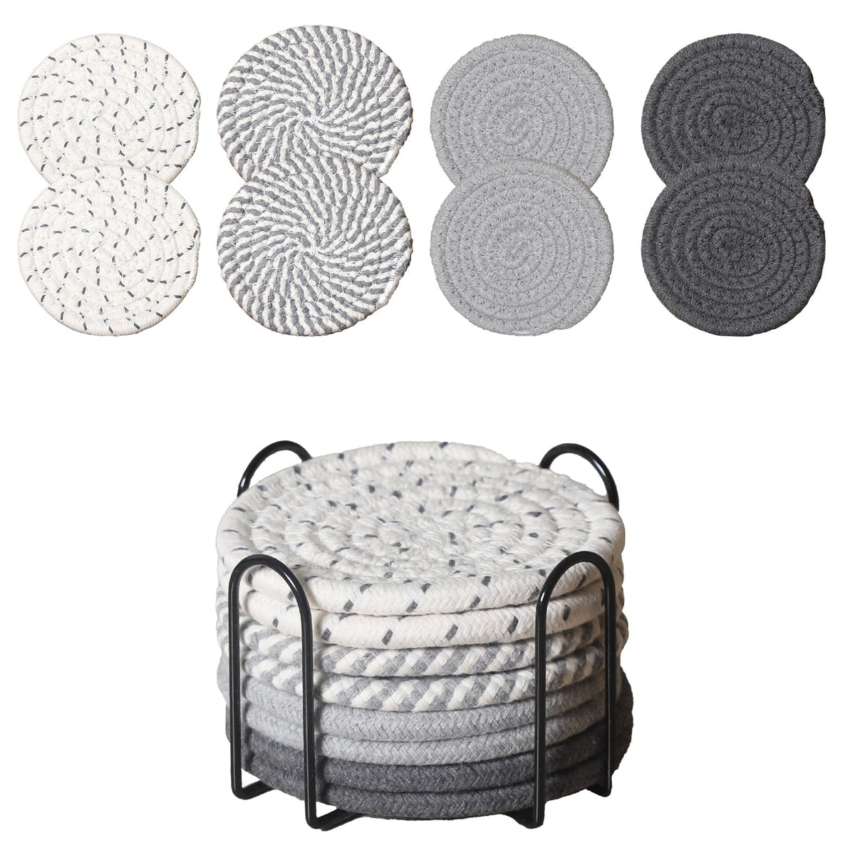 Drink Coasters Set of 8 with Holder, Cotton Woven