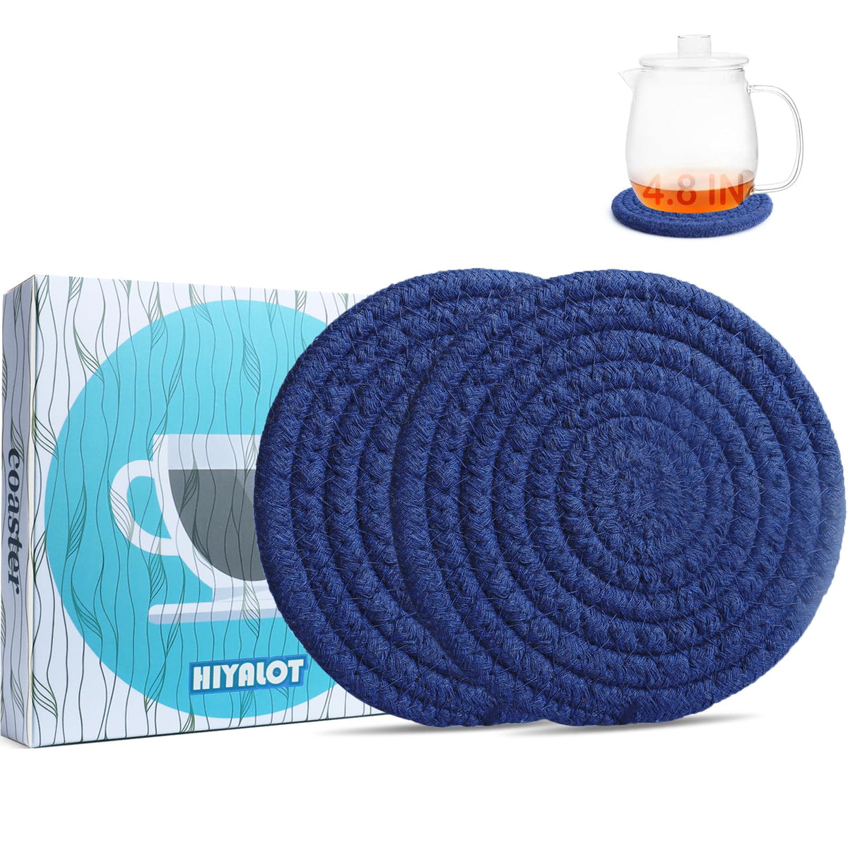 4.8" Drink Cotton Coasters Set of 2 - Large Absorbent Fabric Drink Pads for Coffee Mugs, Stylish Boho Cup Mats for Desk, Bedside Table, Plant Pots – Durable Minimalist Home Decor (Rich Blue, 2pack)
