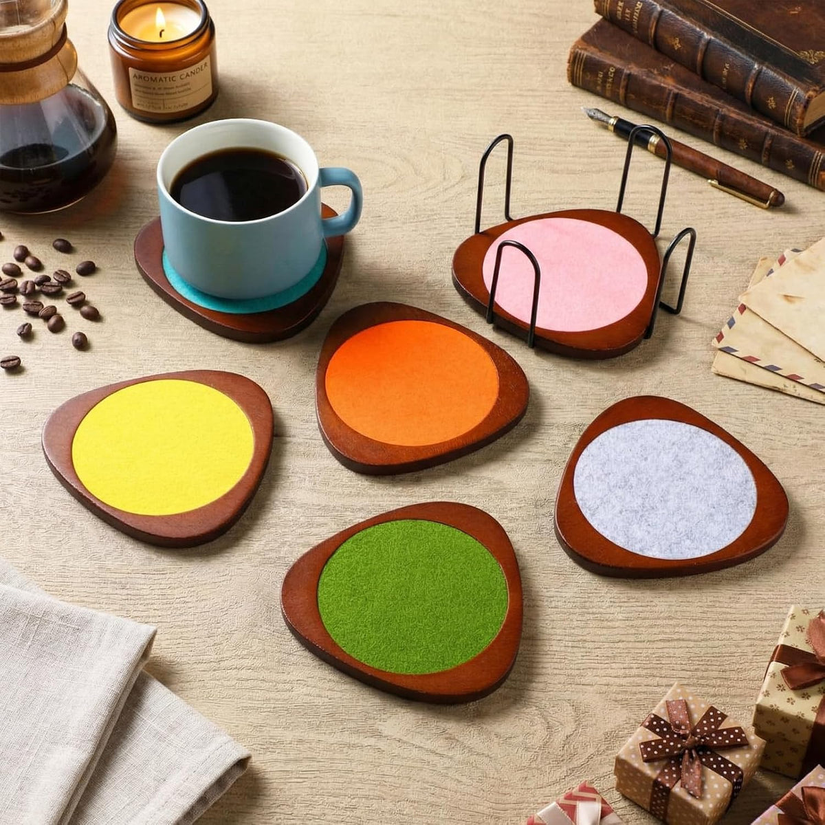 Newtay 6 Pcs Mid Century Modern Coasters Wood Absorbent Coaster, Colorful