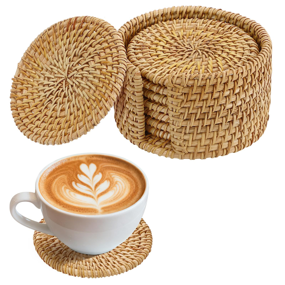 Handmade Rattan Coasters Set of 6 with Holder, Farmhouse Home Decor