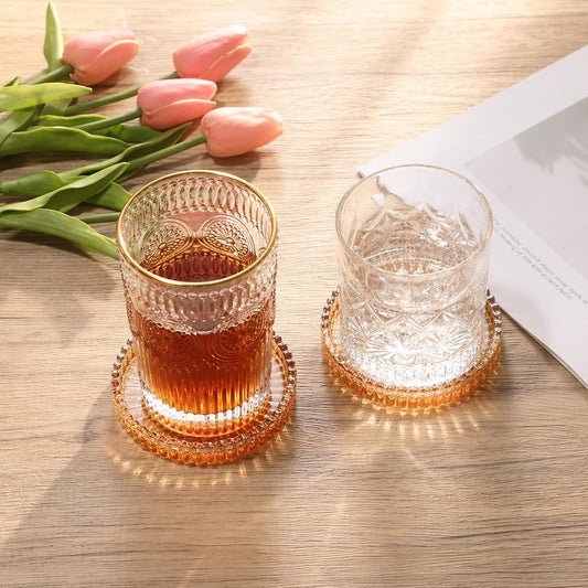 Modern Clear Coasters Set of 2- Glass Cup Coaster for Drinks, Clear Amber