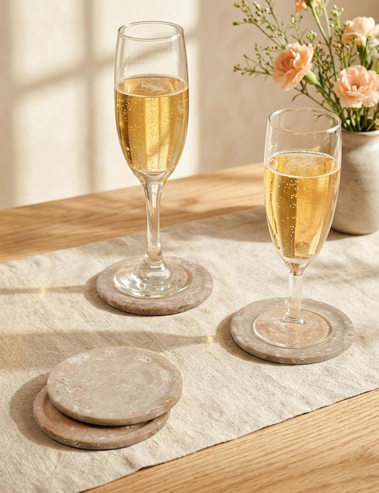 Travertine Coasters Set of 4 with Holder, Stone Drink Coaster