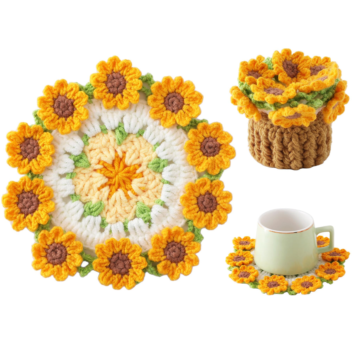 Crochet Flower Coasters, Handmade Bouquet Coasters with Crochet Plant Pot (Pink, 1Pc)