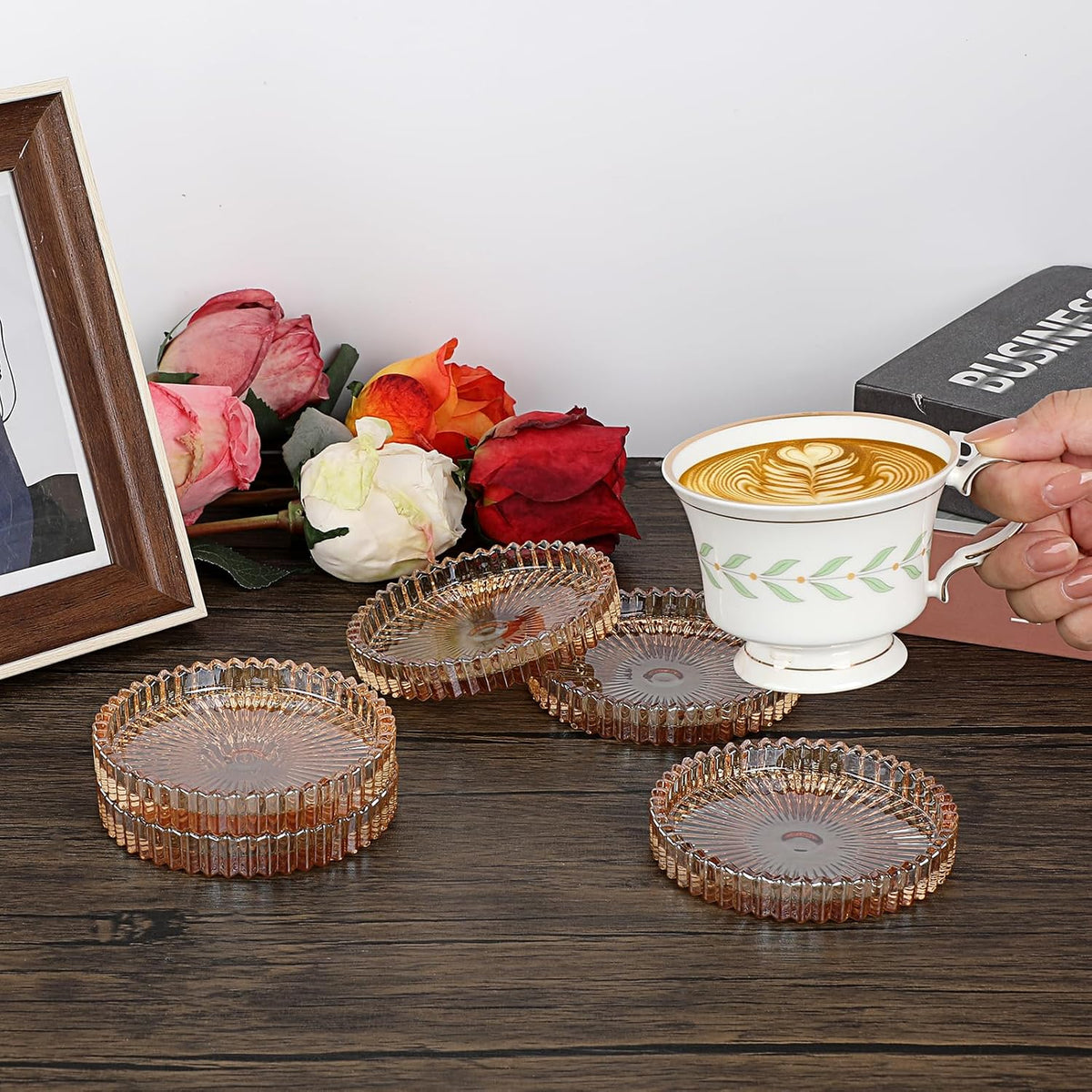 Modern Clear Coasters Set of 5- Glass Cute Coasters for Drinks, Amber